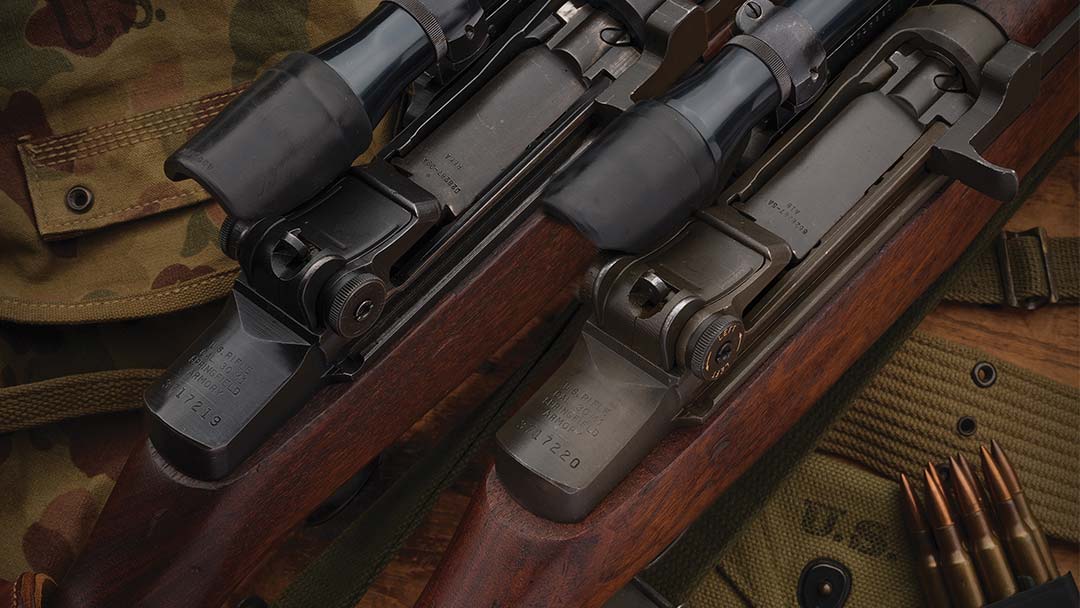 consecutively-serialized-pair-of-U.S.-Springfield-M1C-Garand-sniper-rifles-with-Lyman-Alaskan-scopes-and-matching-numbered-brackets