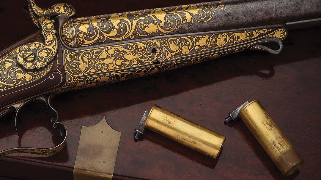 Elaborate-Presentation-Cased-Exhibition-Engraved-and-Elaborately-Gold-Inlaid-Dual-Ignition-Percussion-Pinfire-Double-Barrel-Shotgun-from-Thomas-of-Paris