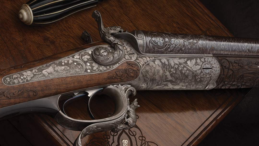 Cased-Exhibition-Quality-Panel-Scene-Engraved-Chiseled-and-Relief-Carved-Johann-Springer-16-Gauge-Double-Barrel-Underlever-Shotgun