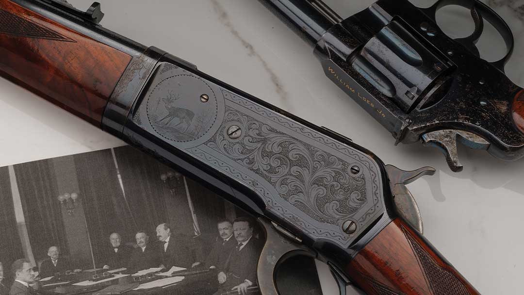 Panel-Scene-Engraved-Winchester-Deluxe-Model-1886-Lightweight-Lever-Action-Takedown-Rifle-Inscribed-to-JH-Poole