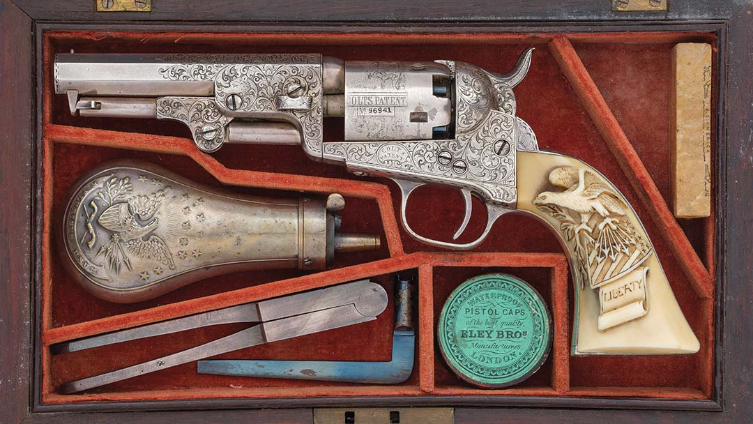 Cased-Factory-Master-Engraved-and-Full-Silver-Plated-Colt-Model-1849-Pocket-Percussion-Revolver-with-Attractive-Raised-Relief-Carved-Antique-Ivory-Grip