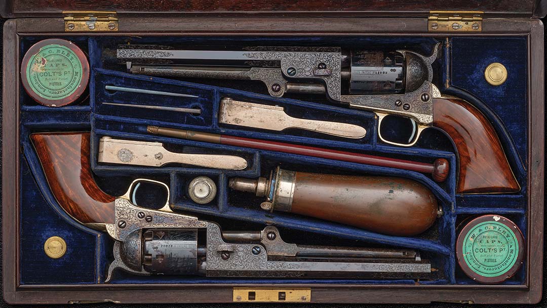 Historic-Royal-Presentation-Cased-Pair-of-Factory-Deluxe-Engraved-Colt-Model-1851-Navy-Percussion-Revolvers-Presented-by-King-Victor-Emmanuel-II-of-Italy-to-General-Alessandro-Negri-di-Sanfront