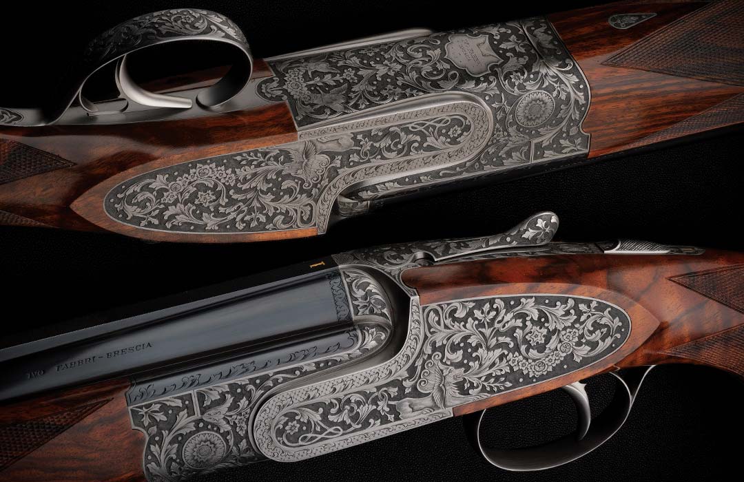 Pair-of-Factory-Creative-Art-Signed-and-Fantasy-Engraved-Ivo-Fabbri-20-28-Gauge-Over-Under-Shotgun-Two-Barrel-Sets-with-Cases