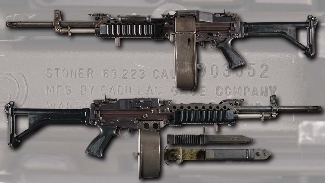 Cadillac-Gage-Stoner-63-Modular-Belt-Fed-Machine-Gun-with-bayonet-and-accessories