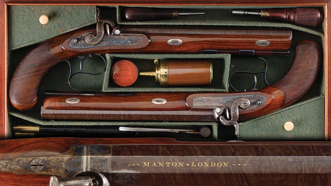 Exceptionally-Fine-Documented-Cased-Pair-of-Silver-and-Gold-Inlaid-John-Manton-Percussion-Dueling-Pistols