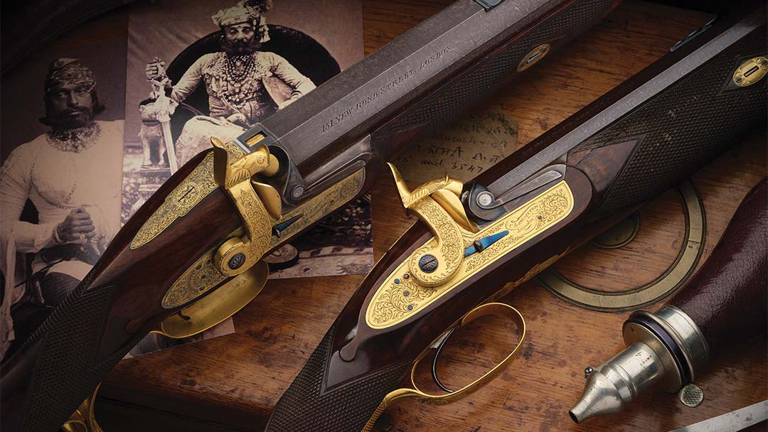 Incredibly-Rare-and-Historic-Cased-Set-of-Two-Engraved-and-Gilded-Charles-Lancaster-8-Bore-Percussion-Big-Game-Rifles-Ordered-by-the-Maharaja-of-Jodhpur