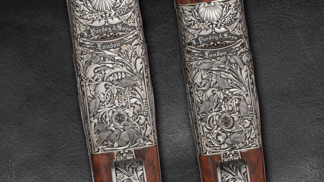 Philippe-Grifnee-Signed-Deep-Relief-Game-Scene-Engraved-and-Gold-Inlaid-Pair-of-J-Purdey-and-Sons-20-Gauge-Hand-Detachable-Sidelock