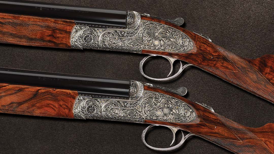 Philippe-Grifnee-Signed-Deep-Relief-Game-Scene-Engraved-and-Gold-Inlaid-Pair-of-J-Purdey-and-Sons-20-Gauge-shotguns