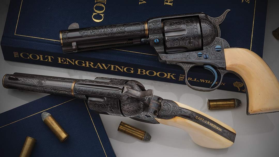 A-pair-of-phenominal-consecutive-pair-of-Cuno-Helfricht-Deluxe-factory-engraved-and-gold-inlaid-Colt-First-Generation-Single-Action-Army-revovers-