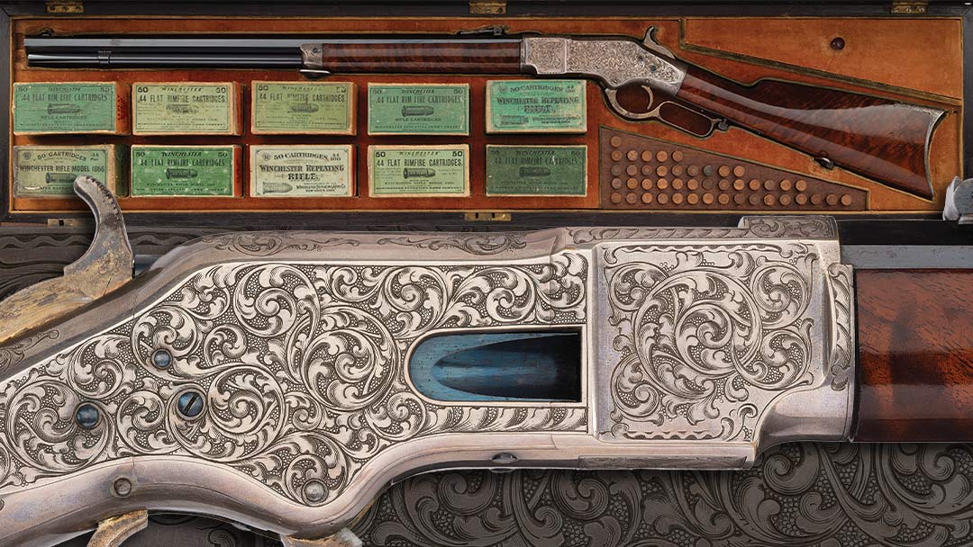 Nimschke-engraved--Gold-Plated-Winchester-Deluxe-Model-1866-Lever-Action-Rifle-with-Ammunition