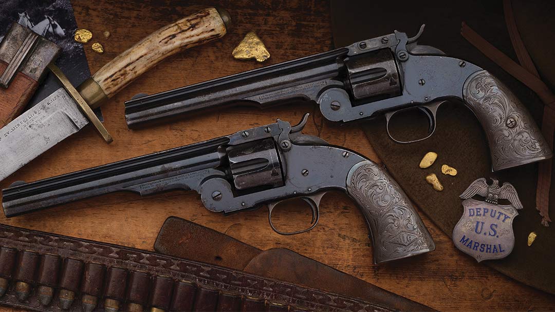 Two-San-Francisco-Police-Marked-US-First-Model-Schofield-Single-Action-Revolvers-with-Engraved-Mexican-Sterling-Silver-Grips