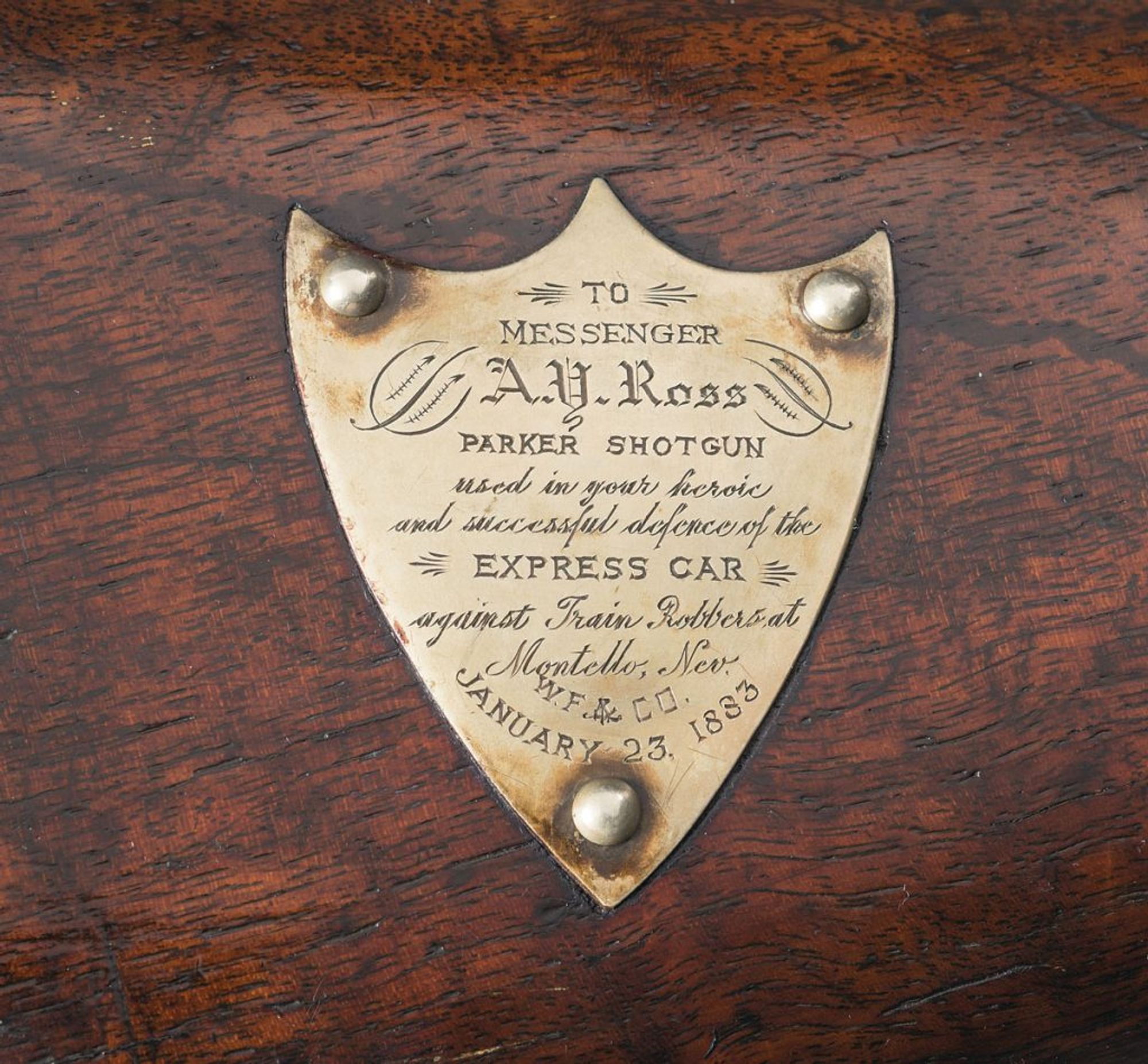 The engraved memorial plate on Ross's Parker Bros Under Lifter Hammer Shotgun 10