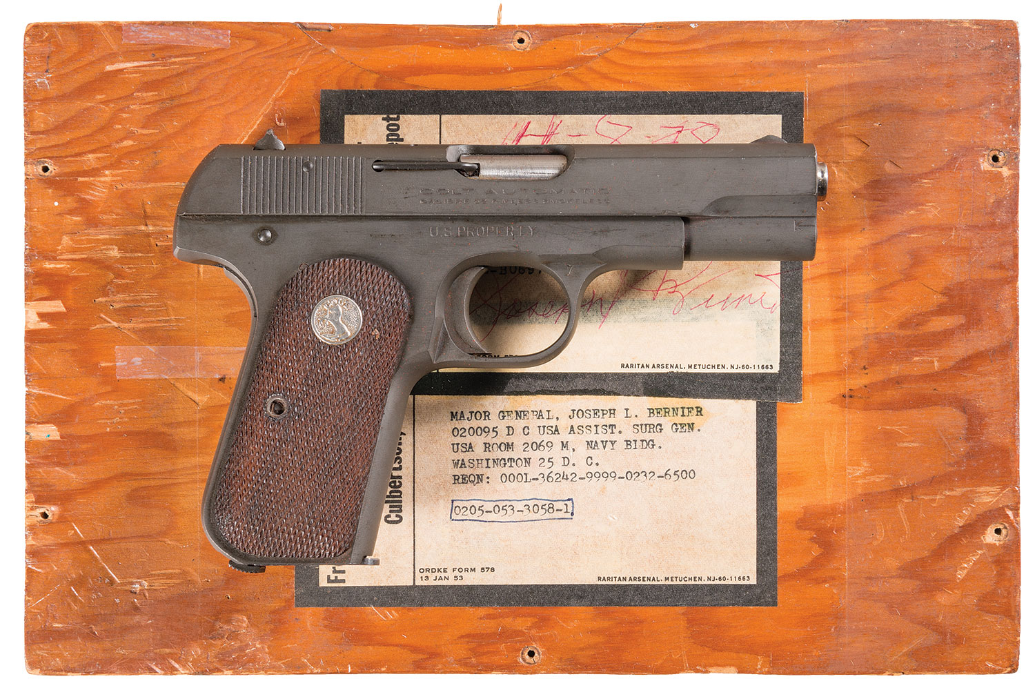Lot 3593: Historic Documented U.S. Property Marked Colt Model 1903 Hammerless Semi-Automatic Pistol as Issued to Brigadier General Joseph L. Bernier with Original Wooden Shipping Crate