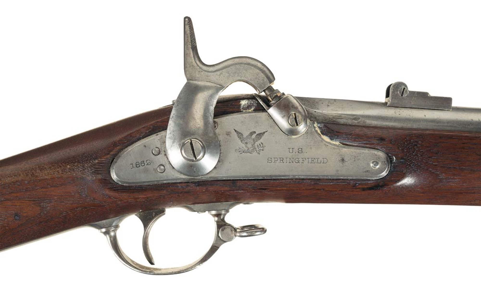 Lot 3101: Civil War U.S. Springfield Model 1861 Percussion Rifle-Musket with Bayonet The Springfield Model 1861 percussion rifled musket was the most used rifle by the Union in the Civil War. It is not difficult to see its relation to the Model 1873.