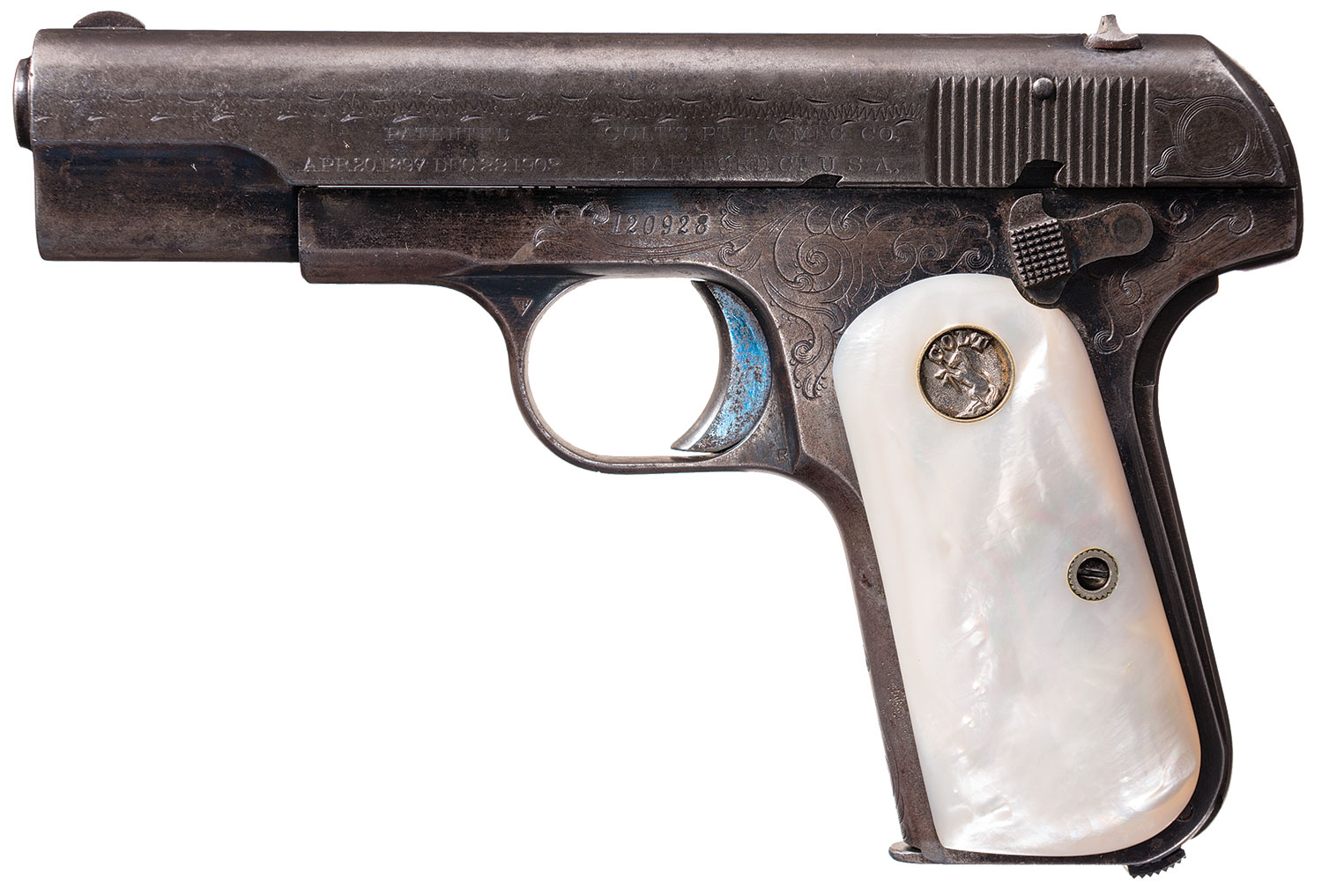 Lot 1454: Documented Factory Engraved Colt Model 1903 Pocket Hammerless Semi-Automatic Pistol with Letter