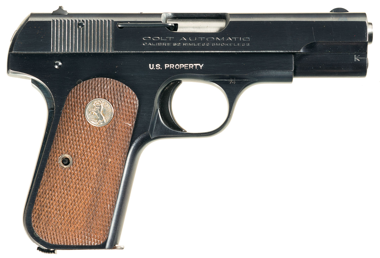 Lot 1680: Exceptional U.S. Property Marked Colt Model 1908 .380 Hammerless Pocket Automatic Pistol with Ammunition Pouch and Spare Magazines