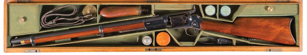 cased revolving Colt full stock Sporting Rifle