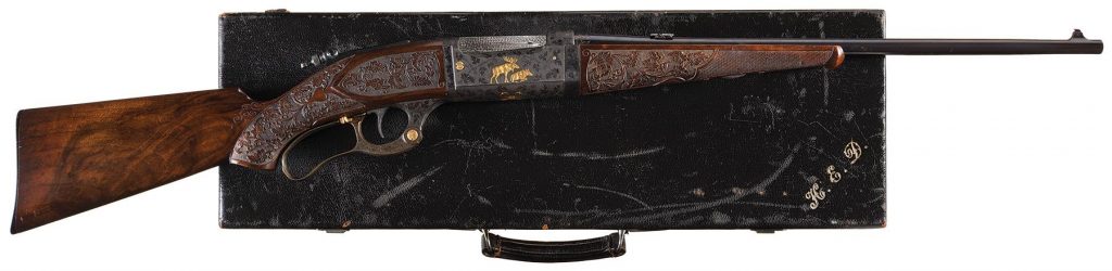 Important, FRESH and Historic Factory Engraved, Gold Inlaid and "HED" Initialed Savage Model 1899 Lever Action Rifle with Deep Relief Carved Stock and Matching Monogrammed Case Presented to Detroit Automaker Horace Dodge, Co-Founder of the Dodge Brothers Motor Company