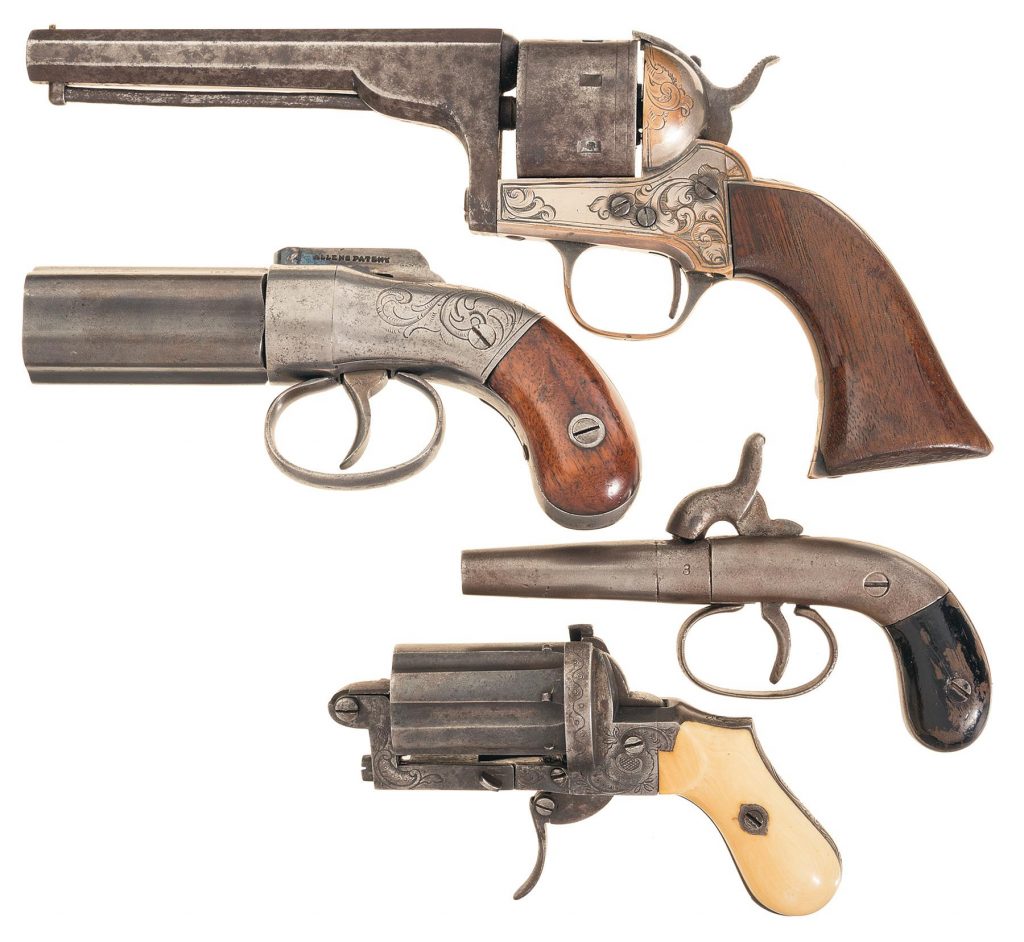 Allen & Thurber Pepperbox Pistol and an Engraved Chaineux Pinfire Pepperbox Pistol Converted to Rimfire (with two other revolvers)