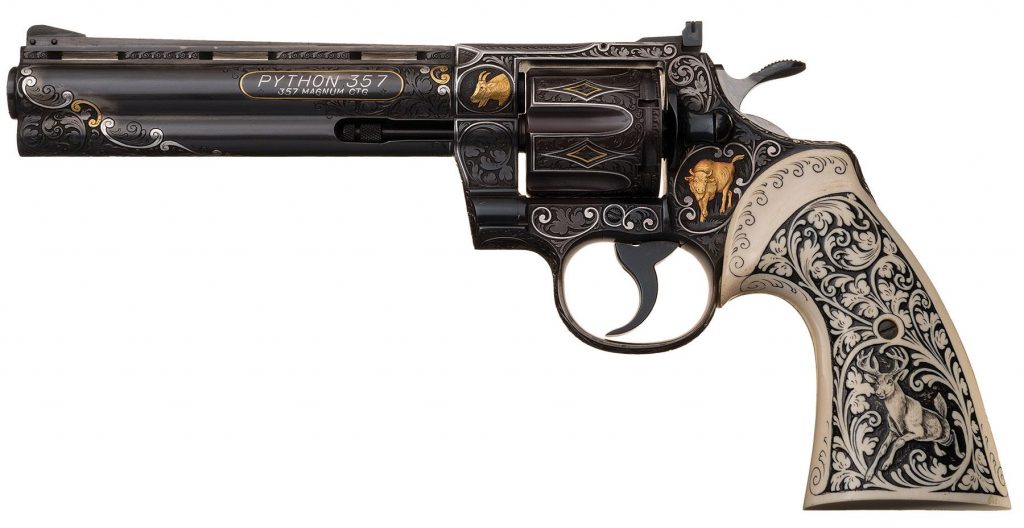 Historic Extremely Well-Documented Exhibition Quality Engraved, Inlaid and Carved Colt Python Double Action Revolver Presented by The King of Rock & Roll Elvis Presley to Employee Richard Grob