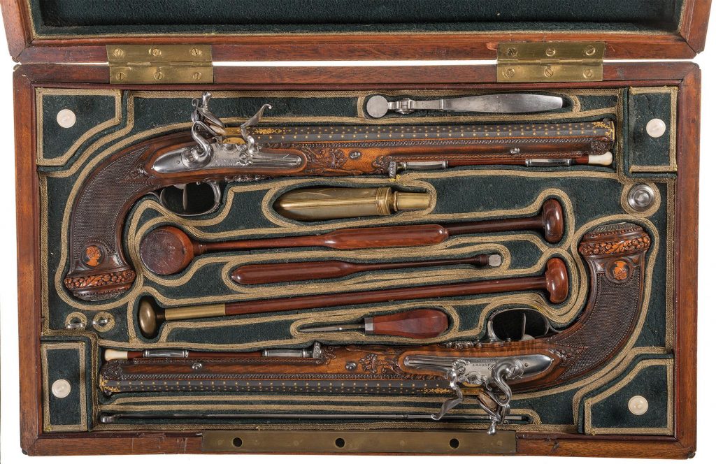 Historic Cased Pair of Exhibition Quality Nicolas Noel Boutet Flintlock Pistols Connected to French Revolution Military Commander and Directoire Member General Paul Francois Jean Nicolas de Barras -A) Nicolas Boutet Flintlock Pistol