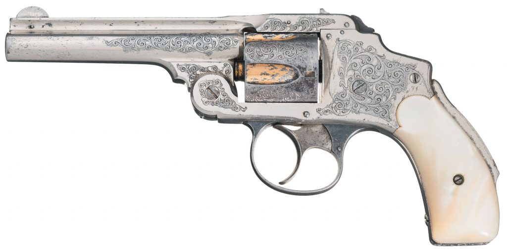 Rare and Excellent Factory Documented 1893 Chicago World's Fair Exposition Engraved Gold and Nickel Smith & Wesson 38 Safety Hammerless Third Model Double Action Revolver with Pearl Grips and Factory Letter.
