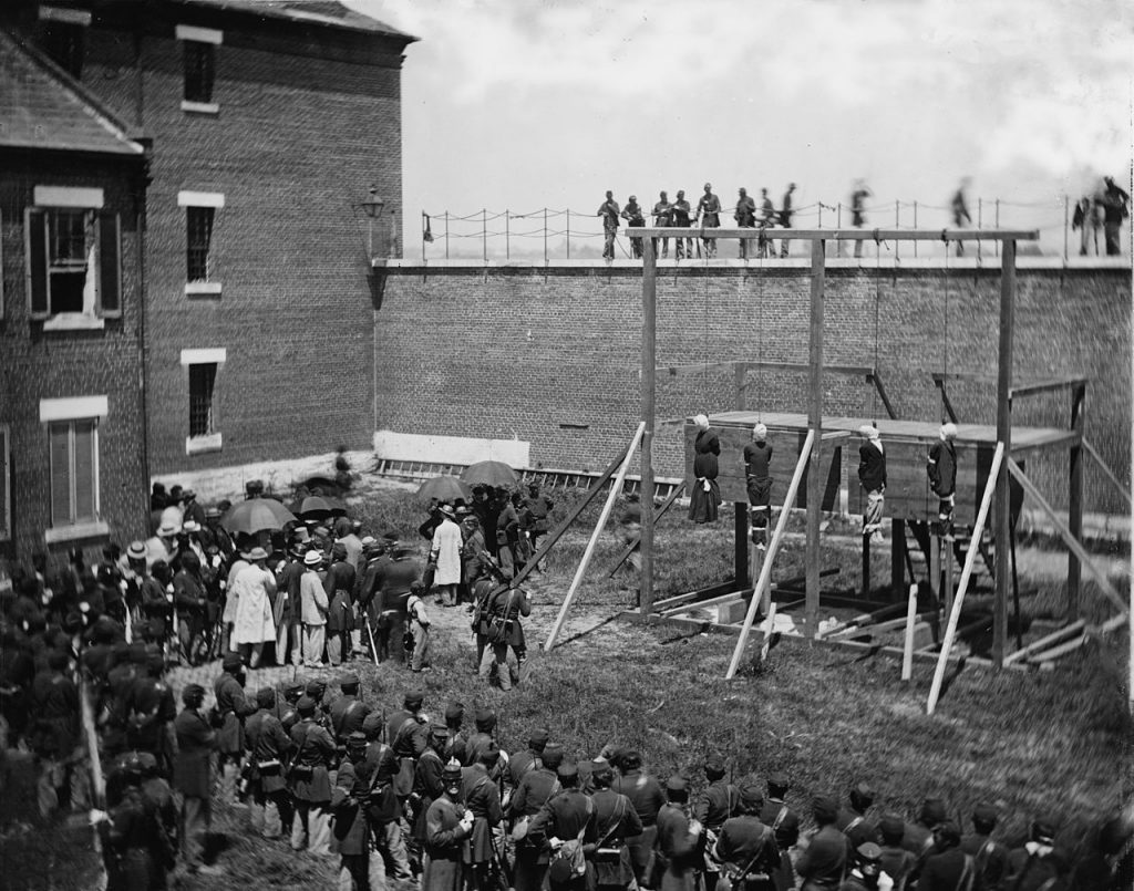  Execution of the four condemned assassins on July 7, 1865 at Fort McNair. Image: Library of Congress