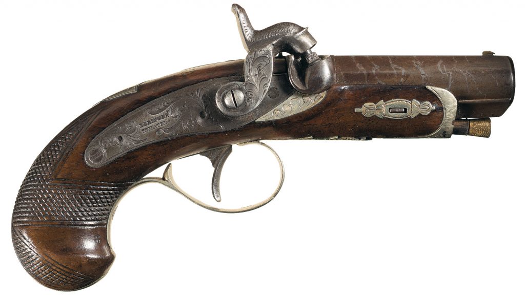 Pair of Philadelphia Deringer Percussion Pistols With the exception of the silver fore end cap and the ramrod, this is another nearly identical model to the assassination weapon, right down to the checkering and engraving.