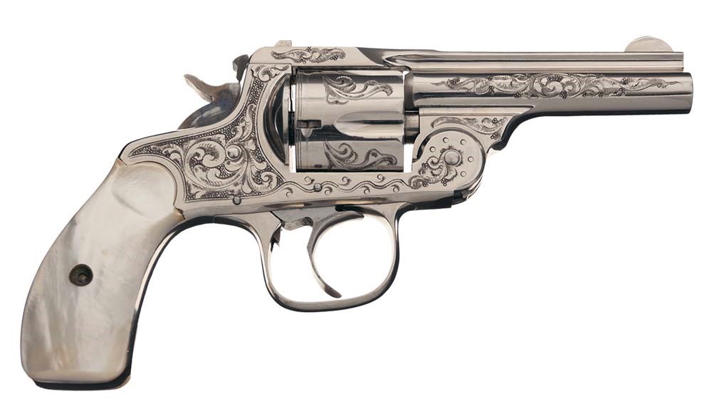 Lot 229: Engraved Iver Johnson Top Break Revolver with Swift Marking and Pearl Grips