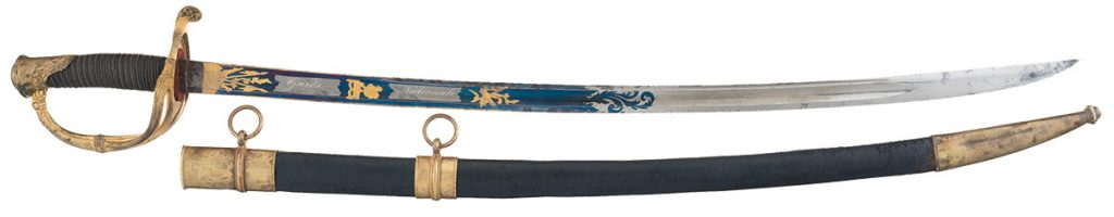  Peter Knecht Solingen Production Gold and Niter Blue Accented French Presentation Sword with Scabbard Inscribed from the National Guard of France to the Marquis de Lafayette