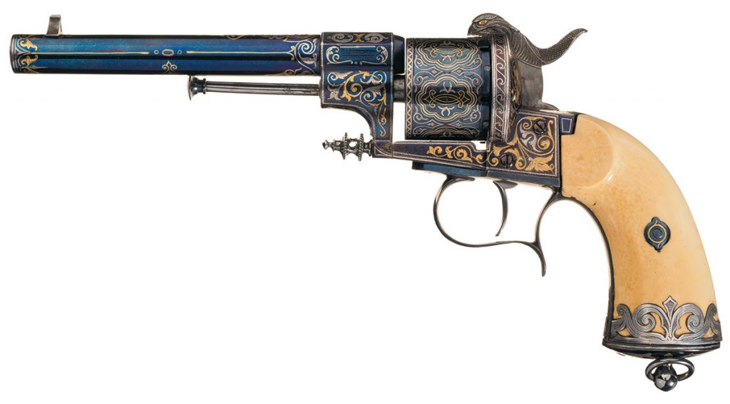 Lot 3117: Elaborate Cased Exhibition Grade Silver and Gold Inlaid LeFauche pinfire revolvers.