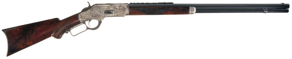 Documented Ultra Rare, Deluxe, Special Order, Factory Engraved, Gold Inlaid Presentation Winchester Model 1873 Rifle with Seven-Leaf Express Sight and Factory Letter