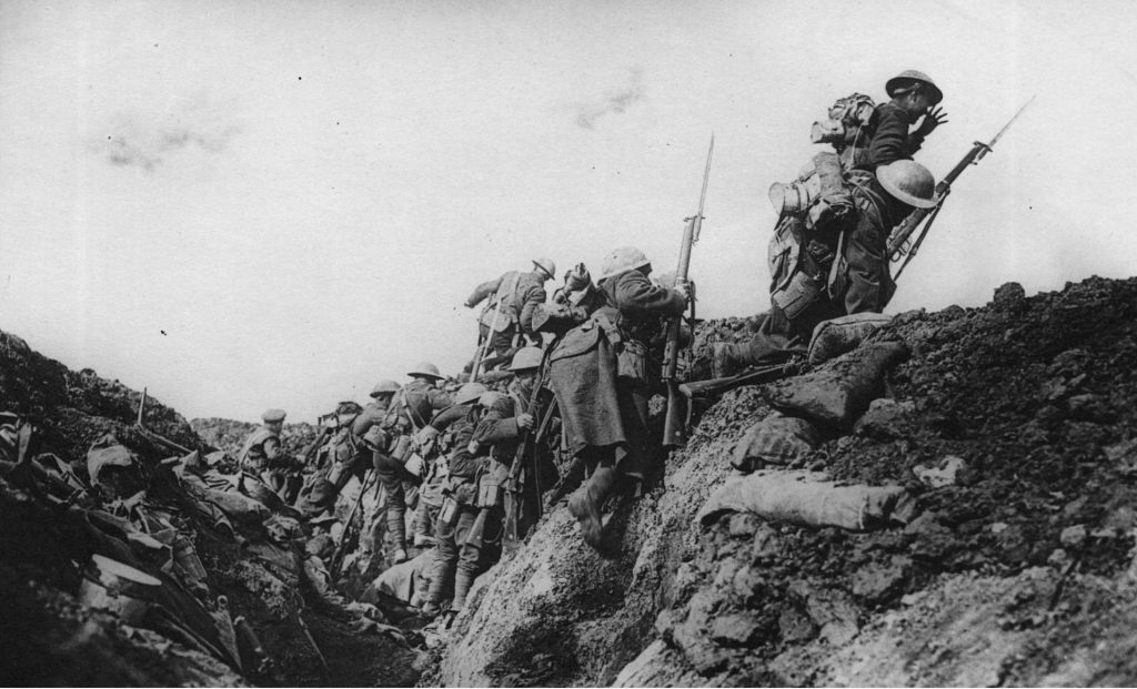 Canadian troops go "over the top" during the Battle of Vimy Ridge