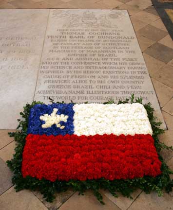 A wreath made to look like the Chilean flag rests on the grave of Lord Cochrane.