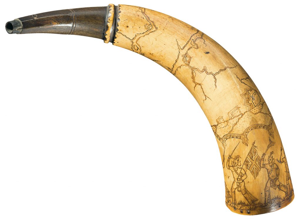 Lot 1132: Finely Carved Powder Horn with French-Indian War Themed Decoration