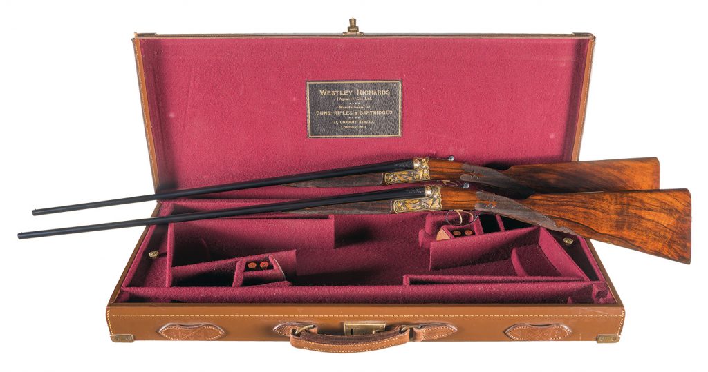 Pair of Elaborately Precious Metal Inlaid Westley Richards 410 Gauge Droplock Shotguns 