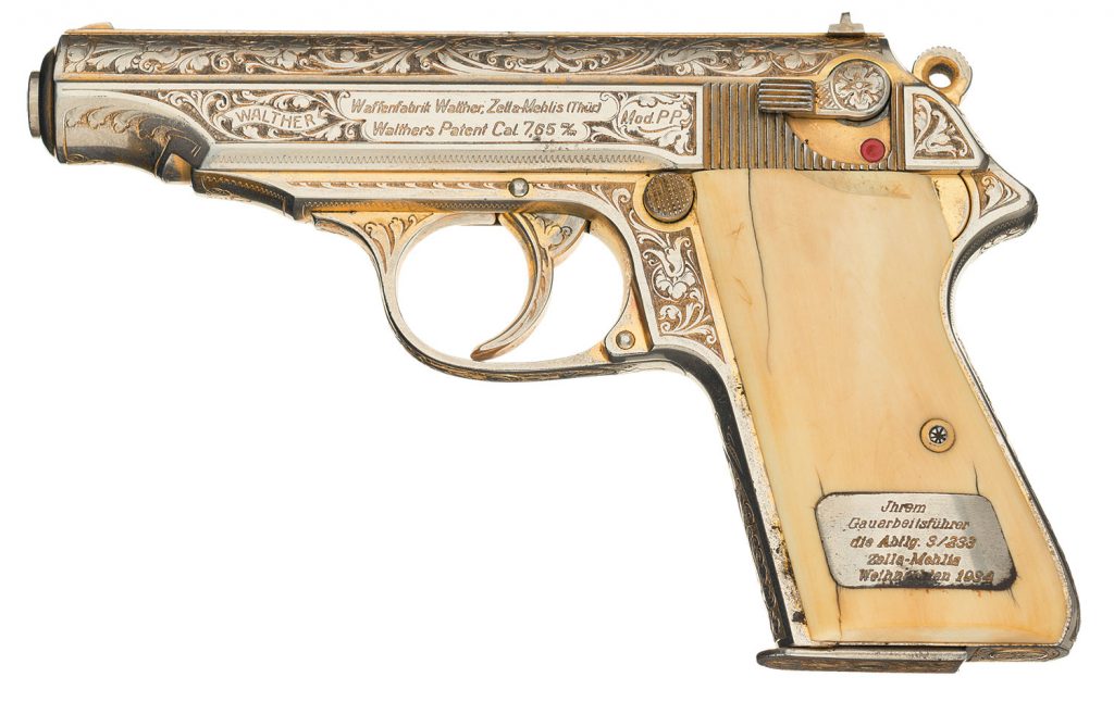 Lot 1584: Rare Historic Factory Engraved Walther PP Gold Plated Nazi Presentation Semi Automatic Pistol with Leather Holster and Spare Magazine