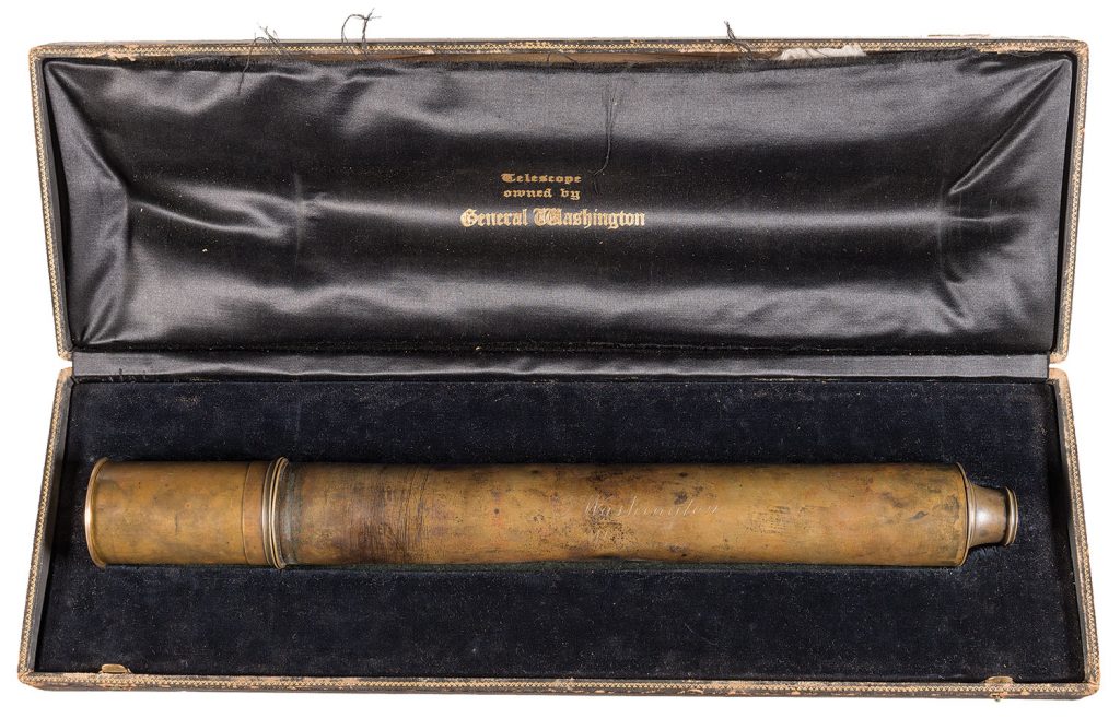 Lot 3084: Historic Dolland Brass Spyglass Inscribed "G. Washington, Mt. Vernon" with Notarized Letter of Family Provenance from William Lanier Washington with Case