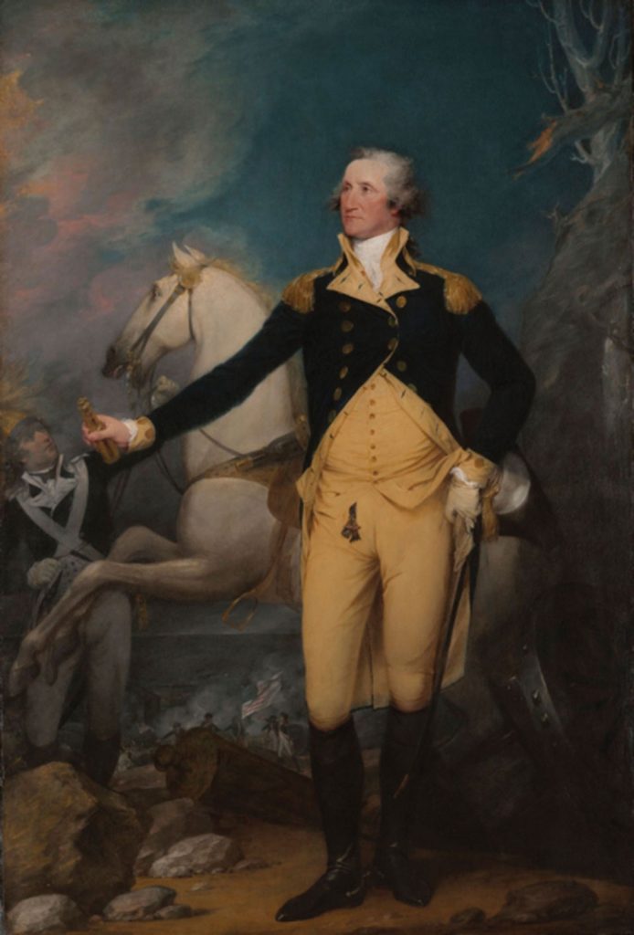 George Washington holding a brass-colored spyglass in "George Washington Before the Battle of Trenton" painted by John Trumbull