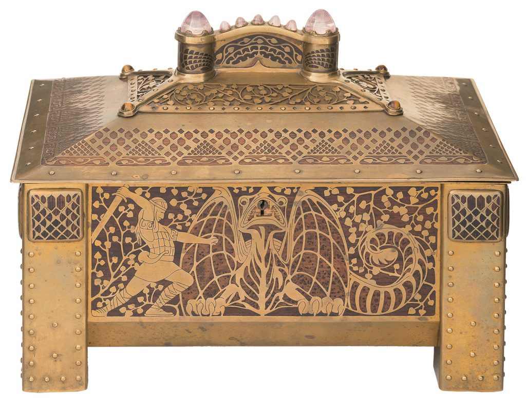 Historic Chest Decorated with Finely Inlaid Scenes from Richard Wagner's Opera Siegfried 