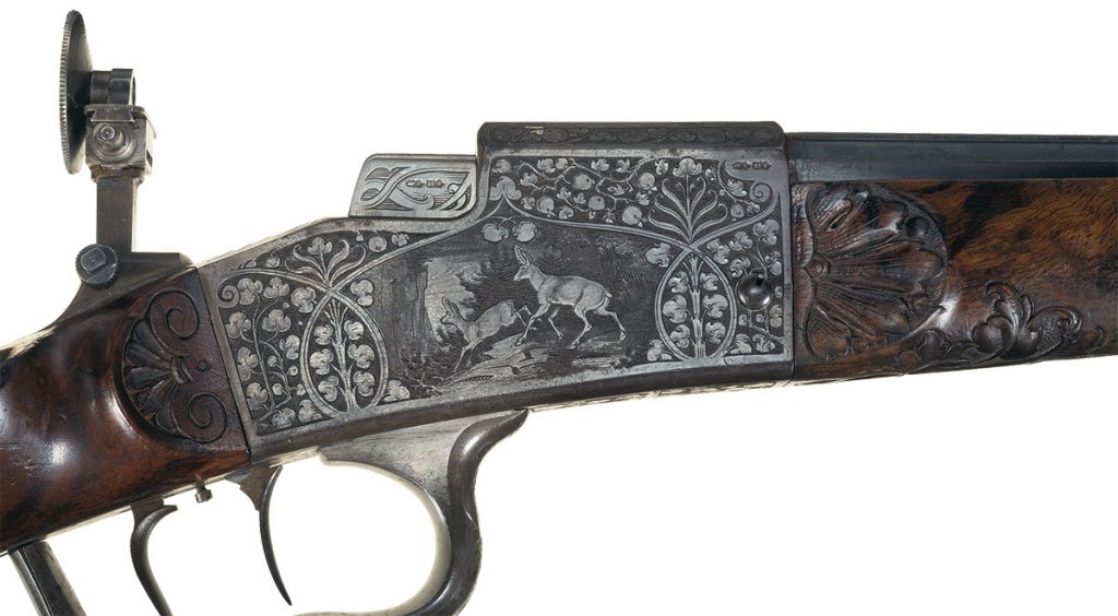 Finely Engraved German Kowar Single Shot Schuetzen Rifle with Relief Carved Stock