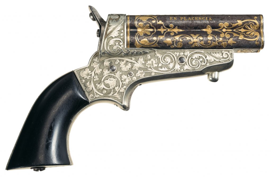 Elaborate Exhibition Grade Gold Embellished and Relief Engraved Sharps Patent Style Pepperbox Pistol