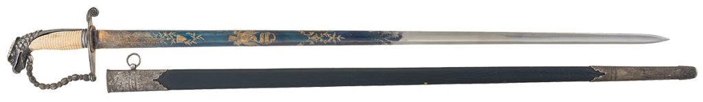 Gold and Niter Blue Accented French Presentation Sword with Scabbard Inscribed from the National Guard of France to the Marquis de Lafayette