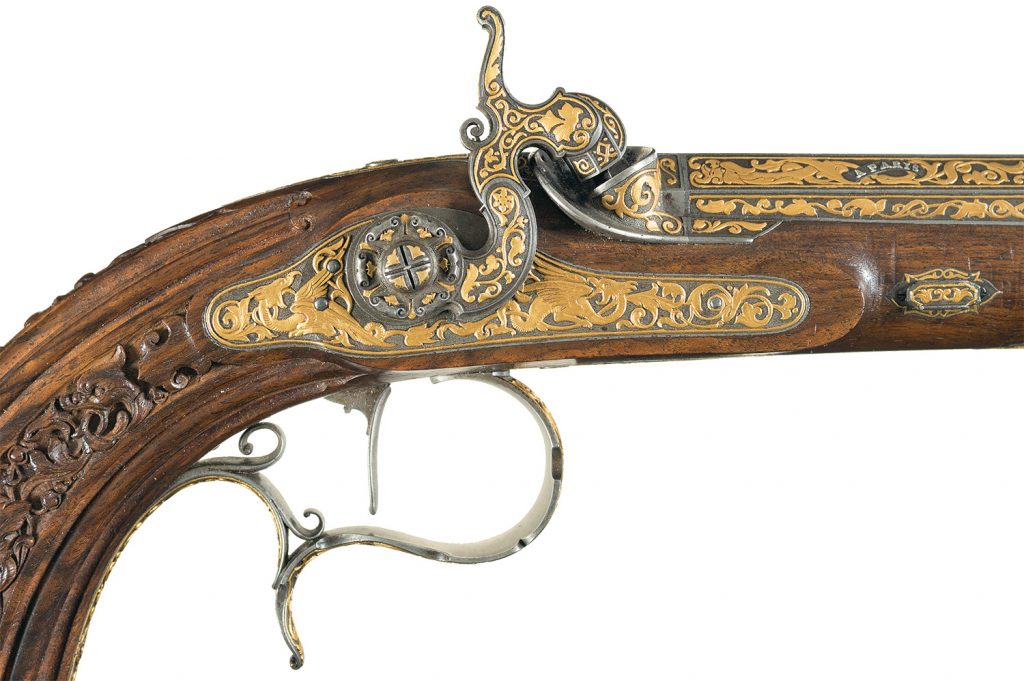 Royal Cased Pair of Lavishly Gold Inlaid Percussion Pistols