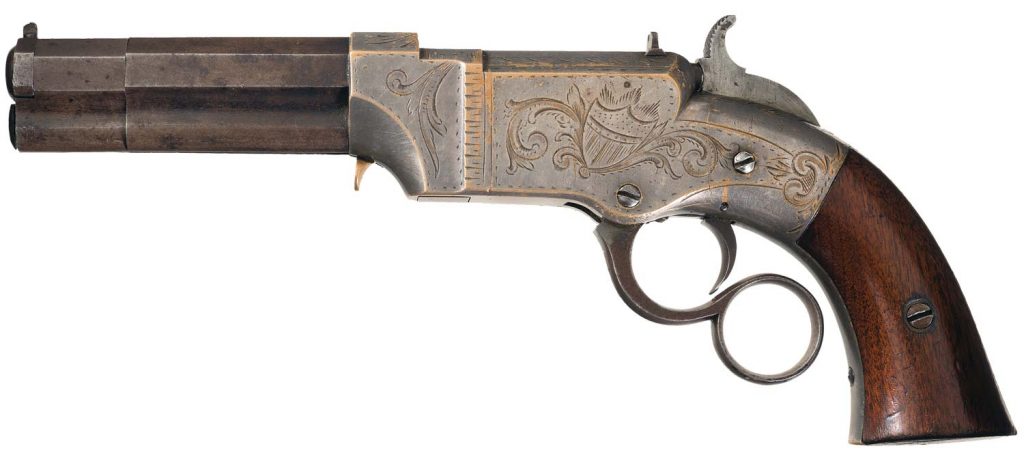 Desirable New Haven Arms Co. Silver-Plated No.1 Lever Action Pocket Pistol with Patriotic Motif FactoryExcellent and Deluxe Engraving