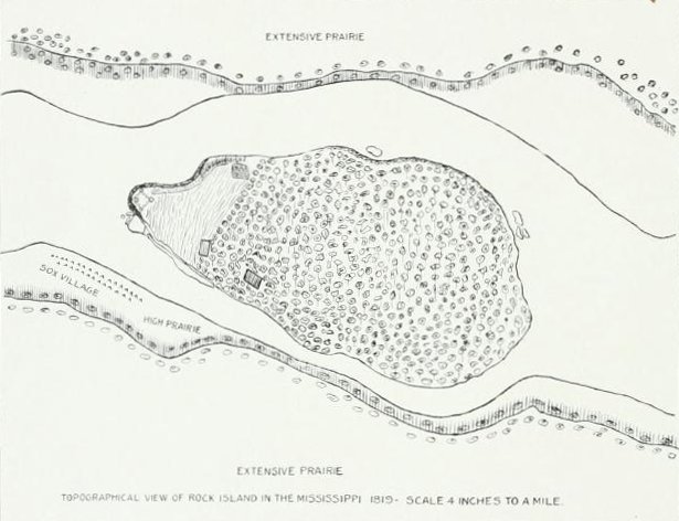 1819 map of Rock Island. Note the cleared area for the fort on the Western tip.