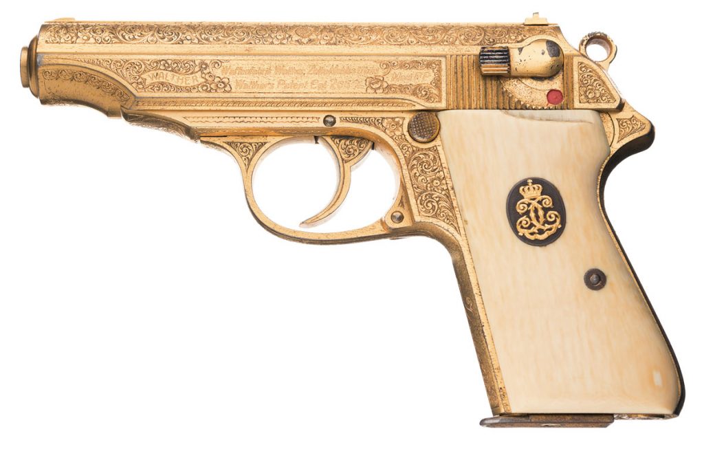 Extraordinary, Historic Pre-World War II Walther Factory Engraved Gold Plated Model PP Presentation Pistol For King Carol II of Romania