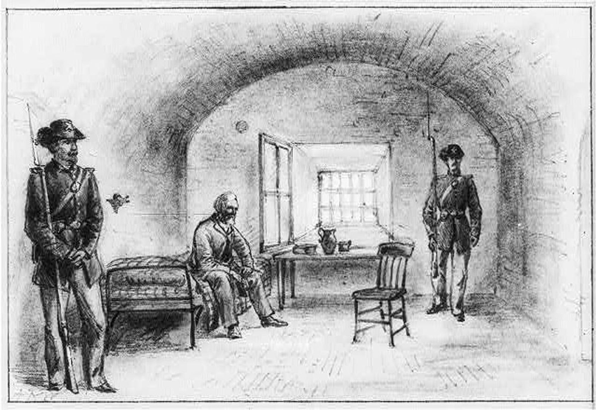 Etching of Davis in his cell.