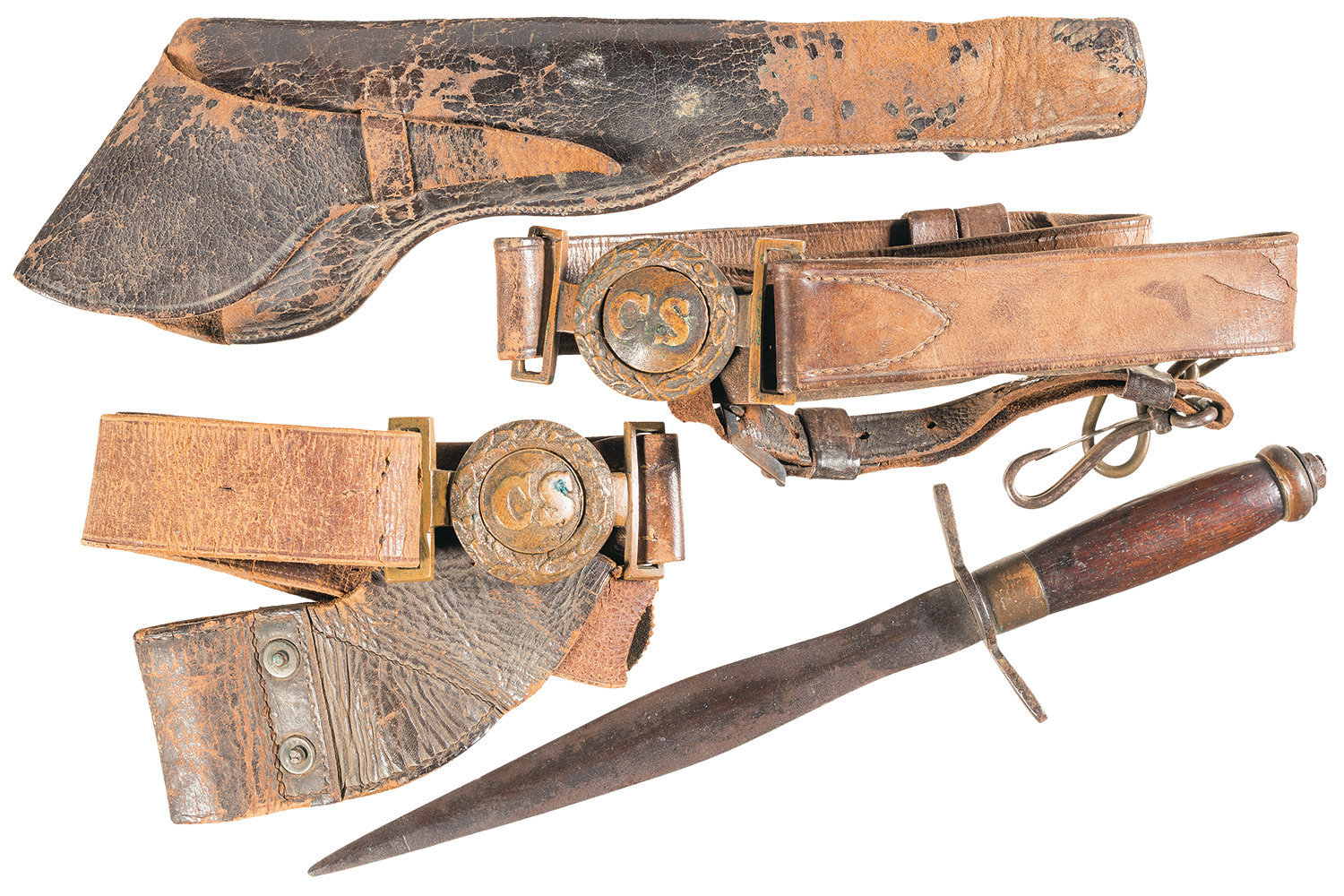  Lot 3114: Two Confederate Style Leather Belts One Dagger and One Holster