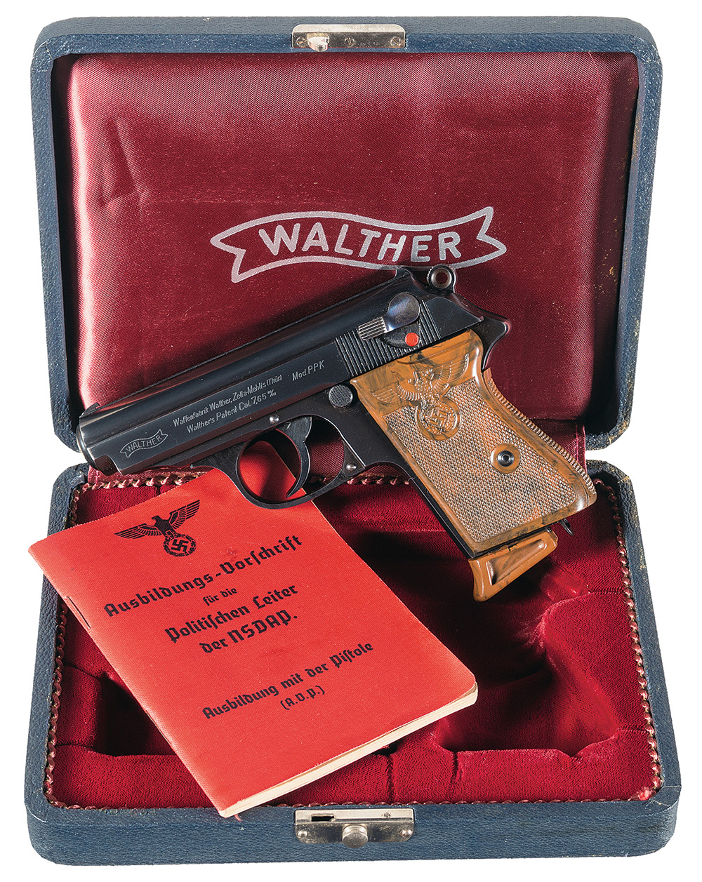  Lot 3501: Excellent Nazi Party Leader Walther PPK Semi-Automatic Pistol Rig with Party Leader Leather Holster, NSDAP Manual and Post-War Walther Case